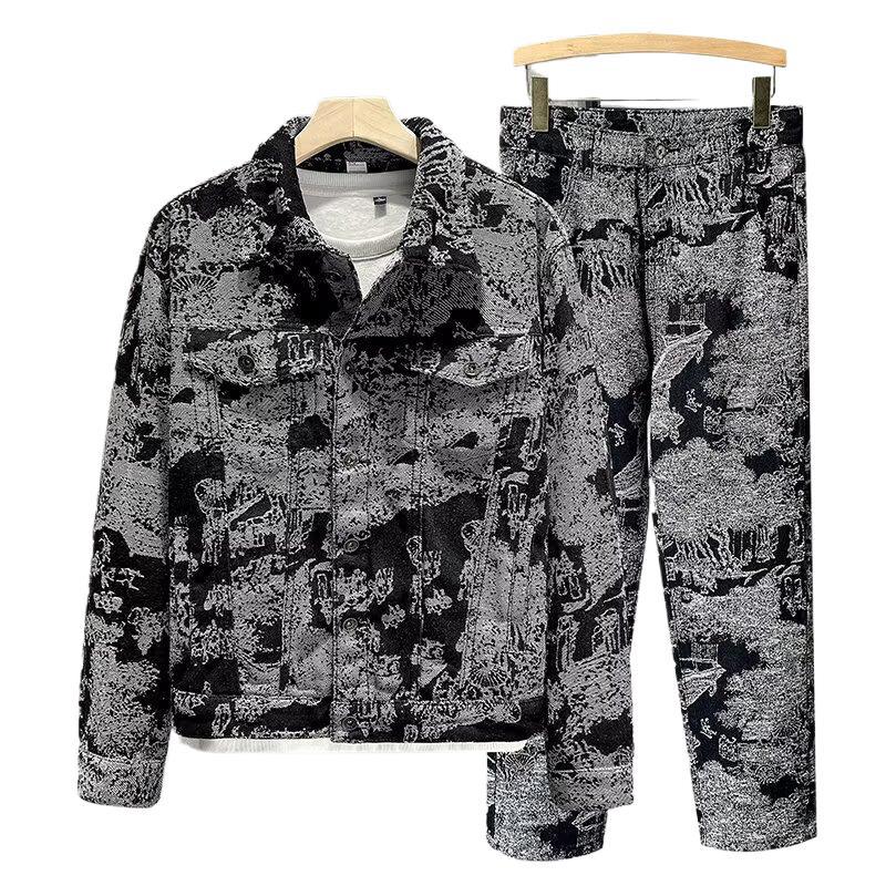 Men's Retro Jacquard Denim Suit Slim Fit Workwear Jacket