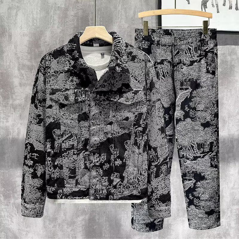 Men's Retro Jacquard Denim Suit Slim Fit Workwear Jacket