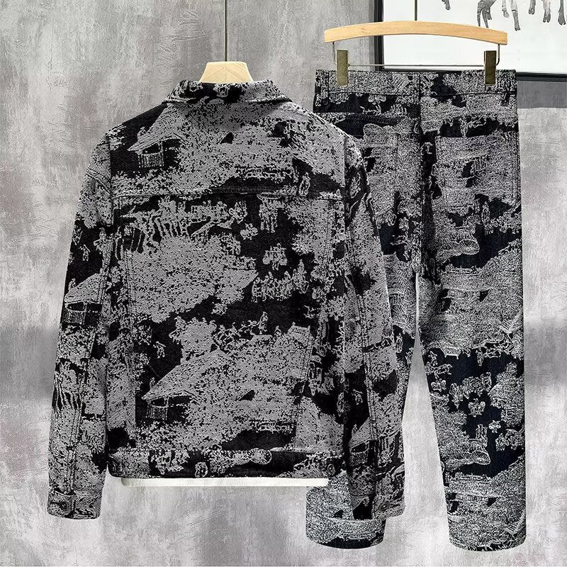 Men's Retro Jacquard Denim Suit Slim Fit Workwear Jacket