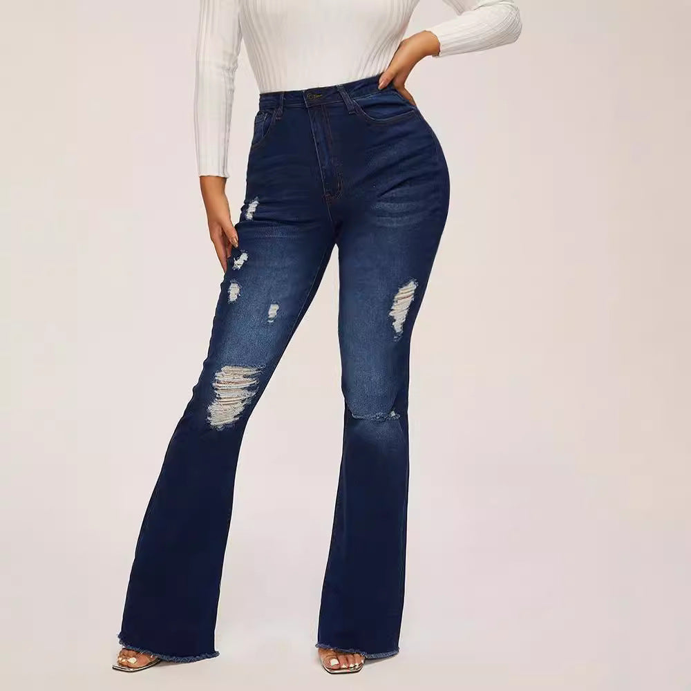 Stretch denim pants with high-waist design
