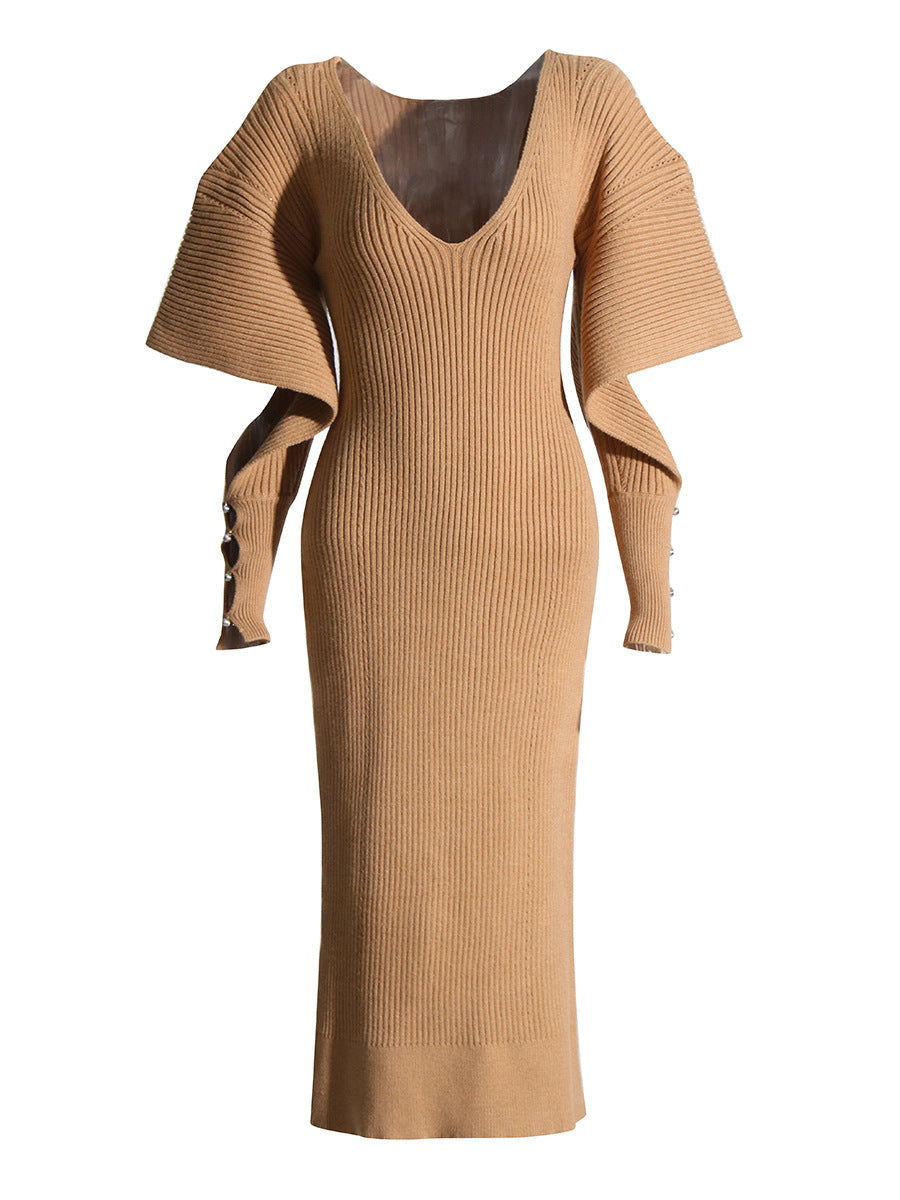 Elegant Women's Knitted V-Neck Dress