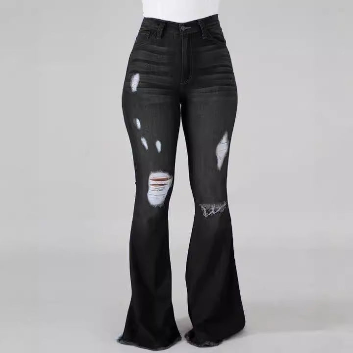 Stretch denim pants with high-waist design