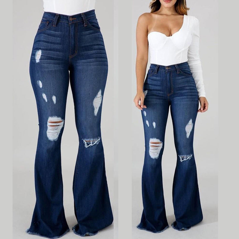 Stretch denim pants with high-waist design
