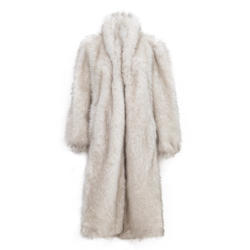 Imitation Fur Long Coat with Fox Collar