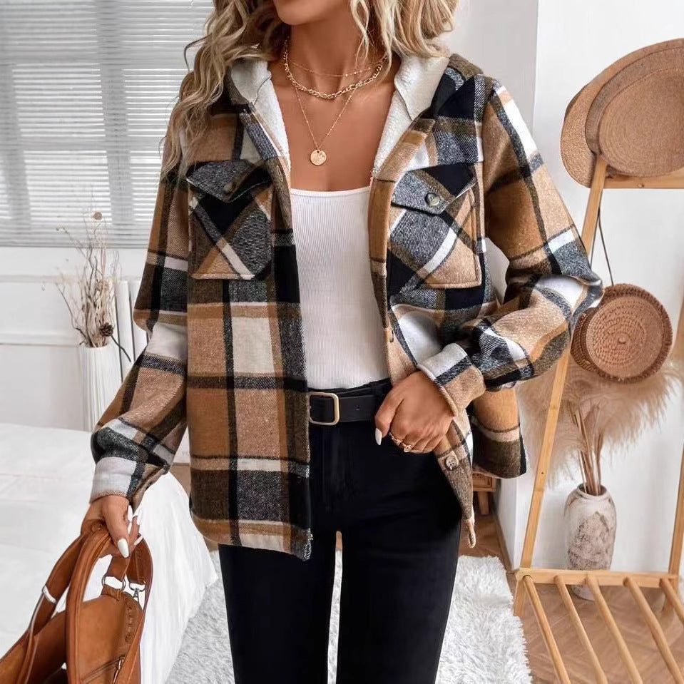 Plaid Fleece Hooded Jacket for Women