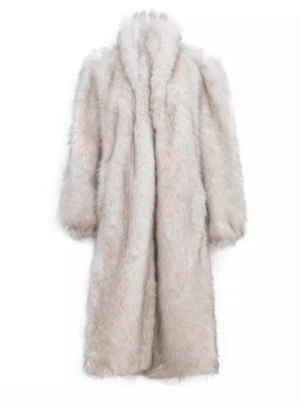 Imitation Fur Long Coat with Fox Collar