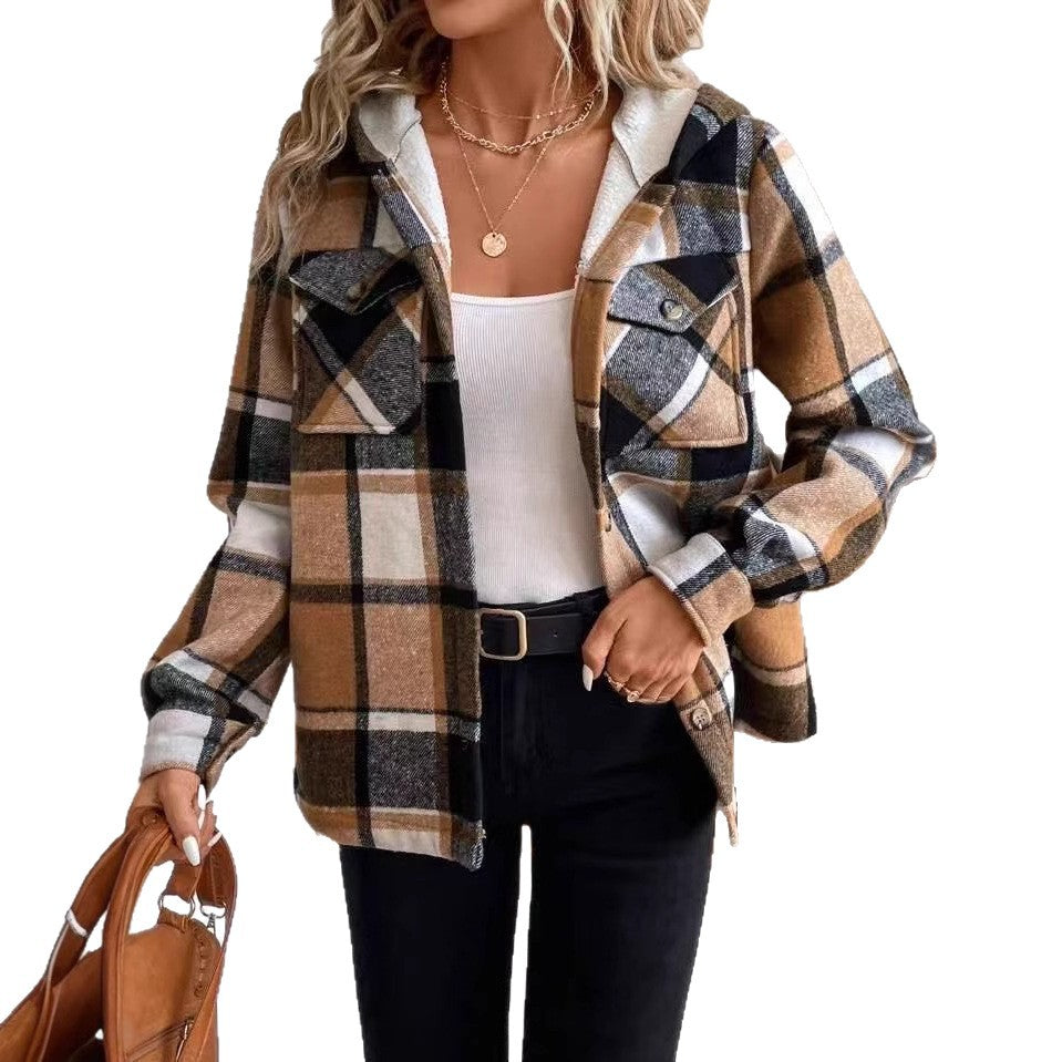 Plaid Fleece Hooded Jacket for Women